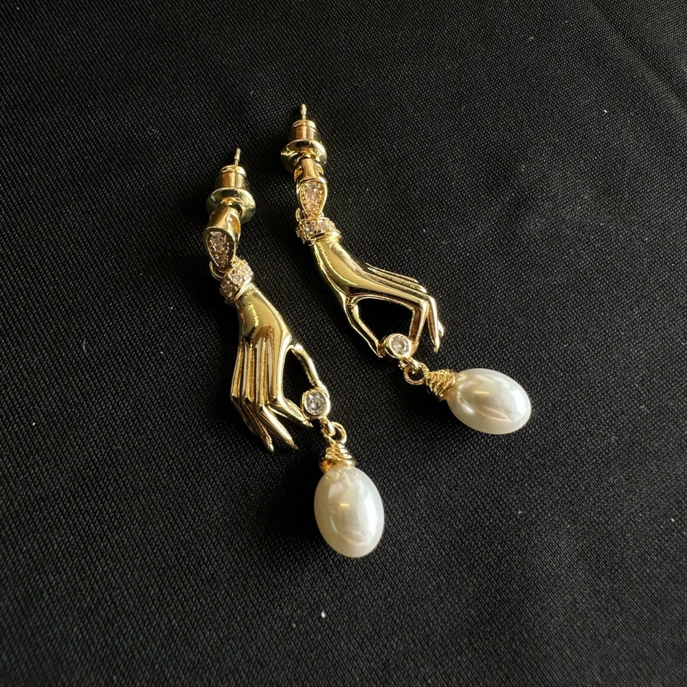 Elegant Gold Hand Earrings with Pearl Drop